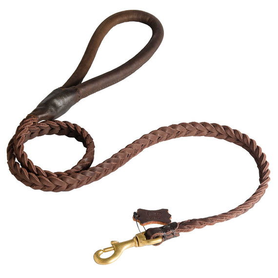 Braided Leather Dog Leash with Round Handle - DogSports4u