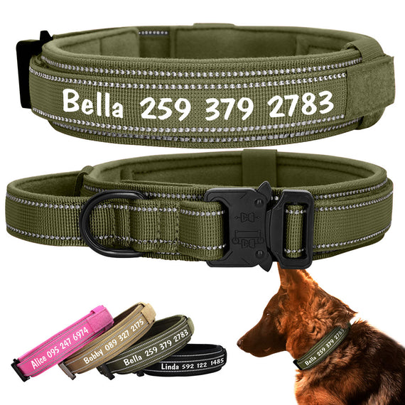 Personalized  Tactical Reflective Dog Collar with handle and quick release buckle