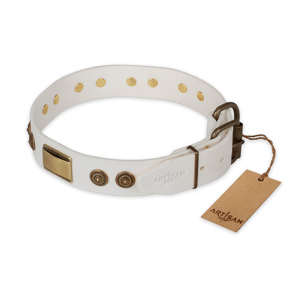 Artisan White Leather Dog Collar with Old Bronze Look Plates and Circles - DogSports4u